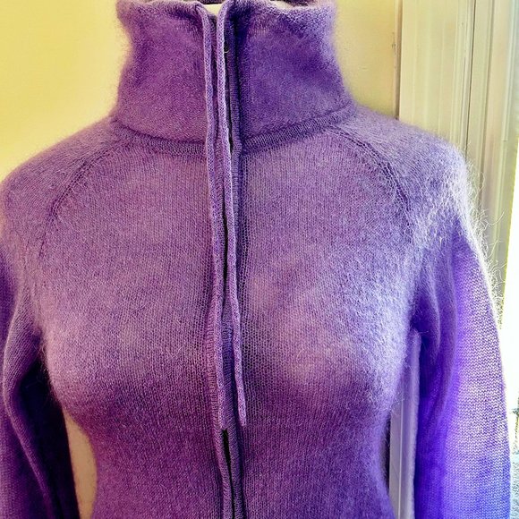 J Crew Deep Purple Mohair Blend Cardigan with Full Zip Turtle Neckline Size L - Picture 1 of 7